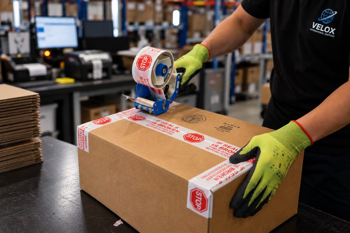 Velox employee sealing a box with tamper-evident tape